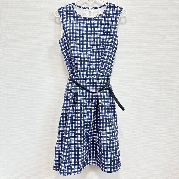 ef-de 日本製 ノースリーブワンピース ギンガムチェック ブルー ホワイト ベルト付き 膝丈ワンピース◎16-03拍卖