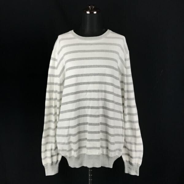 定価半額以下/タグ付き未使用★KOE★ボーダー柄/コットン/長袖ニットセーター【レディースLL/白×グレー】ビッグサイズ/コエ◆BF431A拍卖