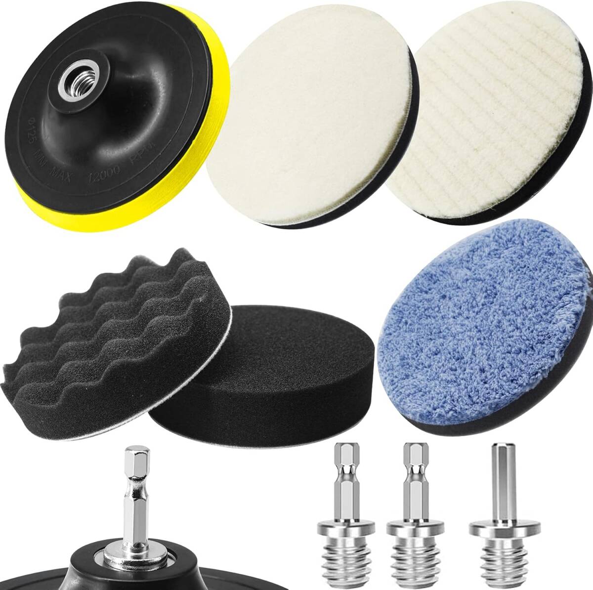 ポリッシャー バフ 125mm ポリッシャー インパクト用 スポンジ 9点セット 六角軸付き 洗車車磨きスポンジ 研磨パッド ウールパッド 拍卖