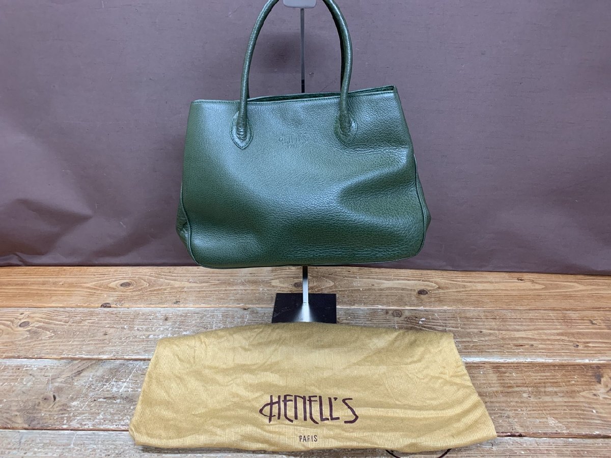 【O-8293】HENELL S ハンドバッグ オリーブグリーン系 カーキ系 レザー 革 約36x26x14cm 東京引取可【千円市場】拍卖