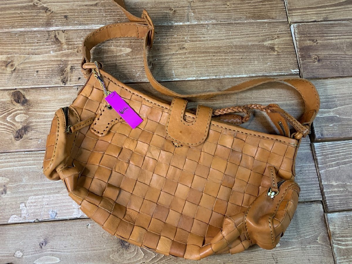 【YJ-0811】未使用 Lobita ロビタ メッシュ 編み レザー バッグ 革 キャメル系 ビッグ トート ショルダー 東京引取可【千円市場】拍卖