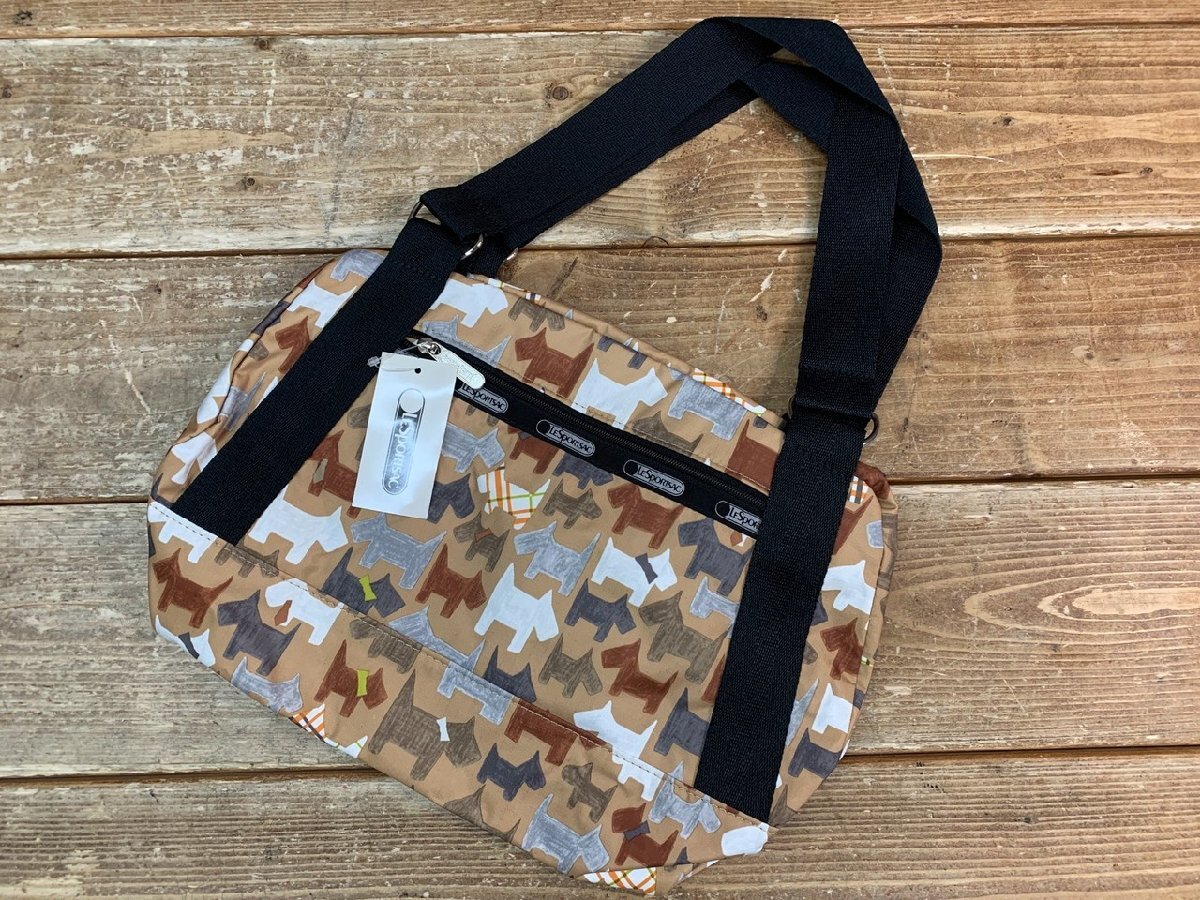 【YJ-0700】タグ付 未使用 LeSportsac レスポートサック 7546 ボストン ハンドバッグ 犬 テリア柄 ブラウン系 スゼット 同梱可【千円市場】拍卖