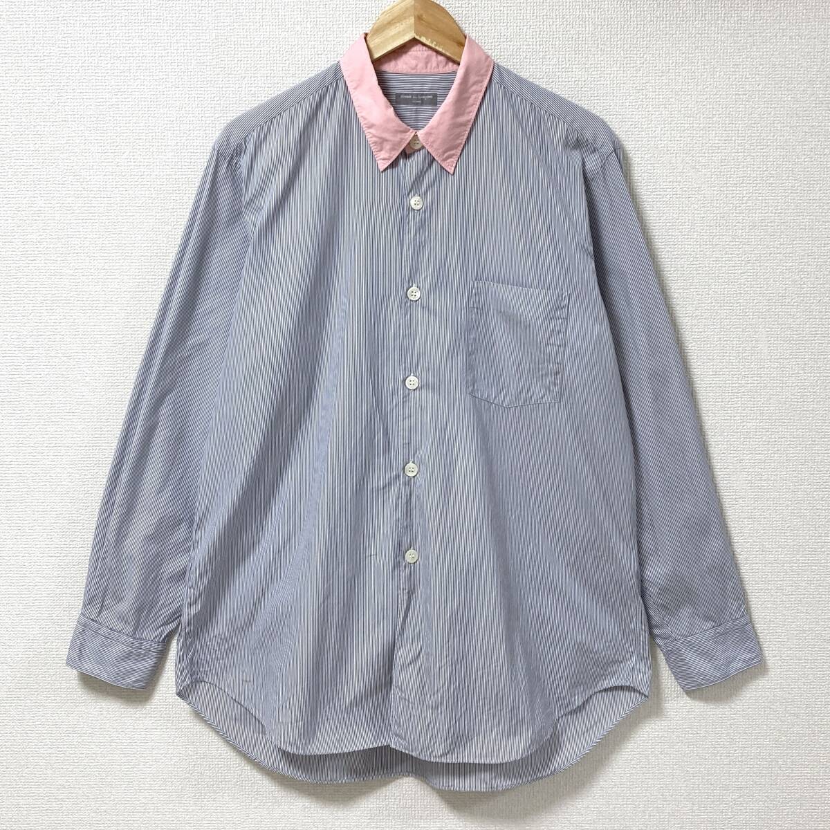 AD2000 田中オム COMME des GARCONS HOMME デカボタン 襟切替 ストライプ 長袖 シャツ コムデギャルソンオム 00s VINTAGE archive 5080483拍卖