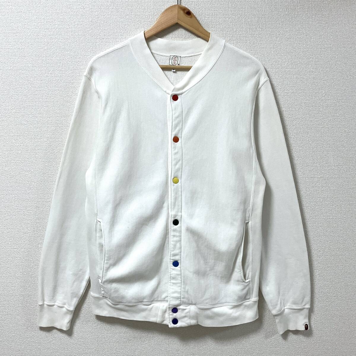 初期 A BATHING APE マルチ スナップボタン バックロゴ スウェット ブルゾン 白 Lサイズ アベイシングエイプ カーディガン archive 5080420拍卖