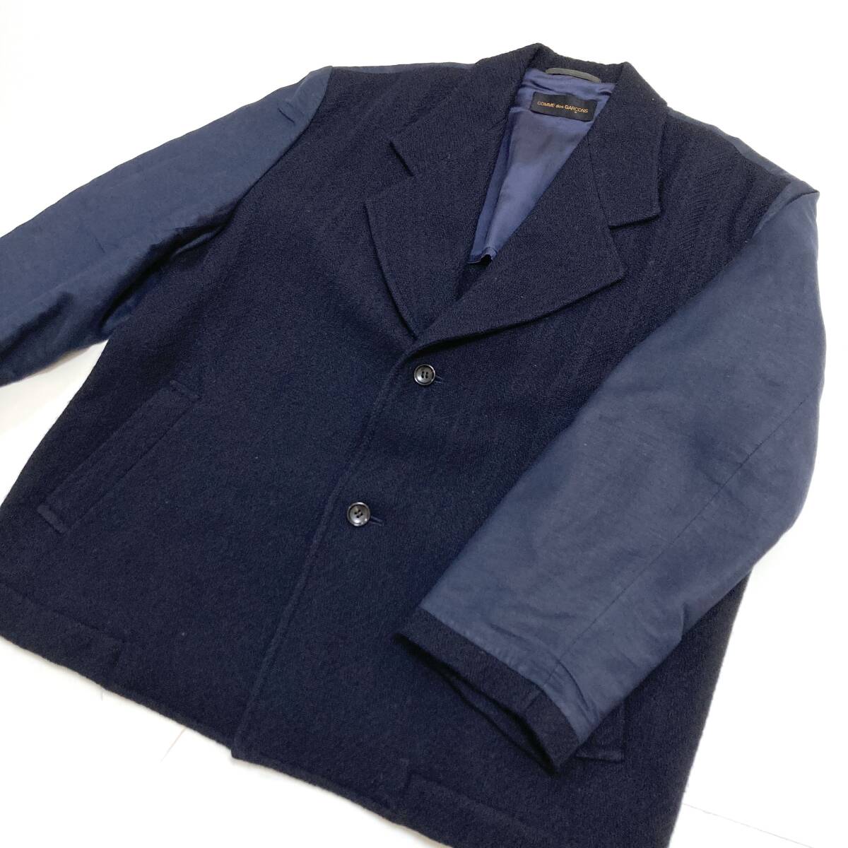 最初期 80s COMME des GARCONS 袖 インサイドアウト ドッキング 切替 ウール ジャケット 紺 コムデギャルソン VINTAGE archive 5030278拍卖