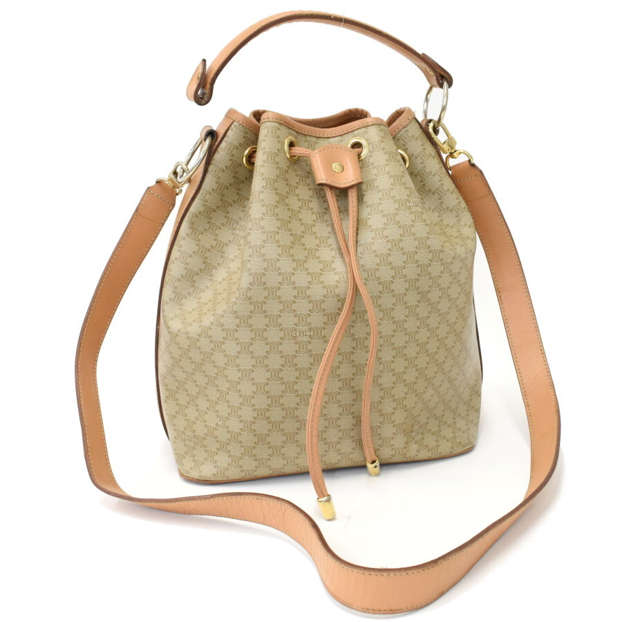 1円◆CELINE セリーヌ ショルダーバッグ 巾着 マカダム PVC レザー ベージュ ヴィンテージ◆E.Csl.tI-04拍卖
