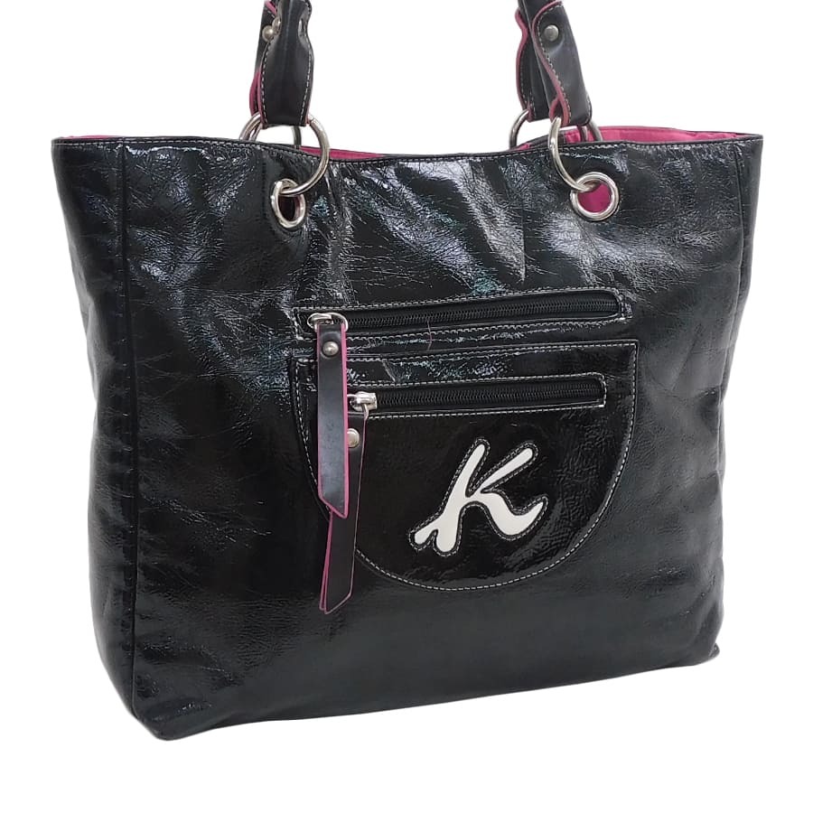 1円■極美品 キタムラ ハンドバッグ ブラック系 エナメル 光沢 上品 おしゃれ Kステッチ入り KITAMURA ■E.Bsr.zE-06拍卖