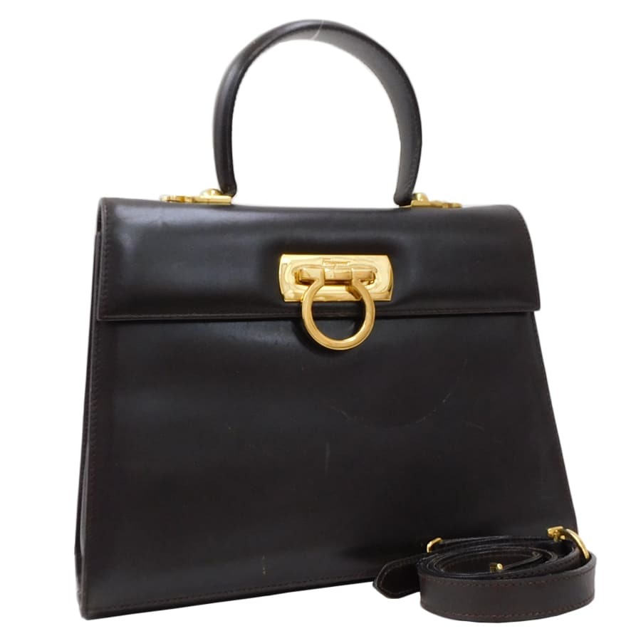 1円■フェラガモ 2WAYバッグ ガンチーニ ダークブラウン系 レザー 上品 シンプル Salvatore Ferragamo ■E.Css.tI-06拍卖