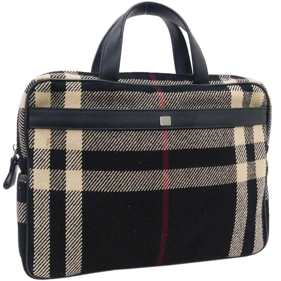 1円 ■美品 バーバリー ハンドバッグ ブラック×ホワイト系 フェルト×レザー バーバリーチェック Burberry ■E.Bee.pD-20拍卖