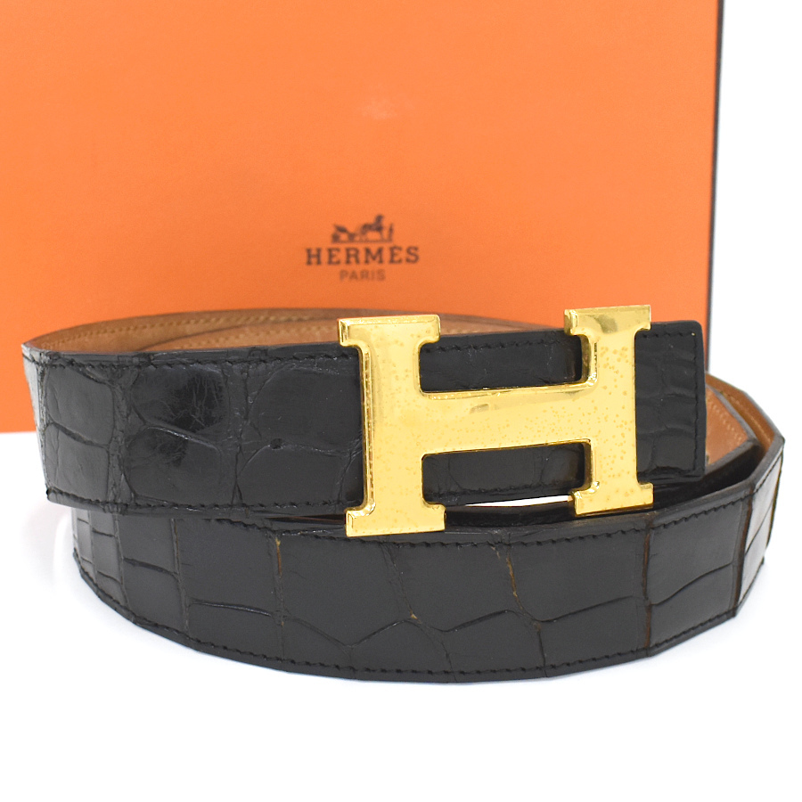 1円◆良品 HERMES エルメス Hベルト コンスタント クロコダイル アリゲーター レザー ブラック ゴールド金具◆E.Csr.tI-15拍卖
