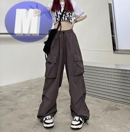 カーゴパンツ グレー レディース M ワイド ストリート ダンス アウトドア ウエストゴム拍卖
