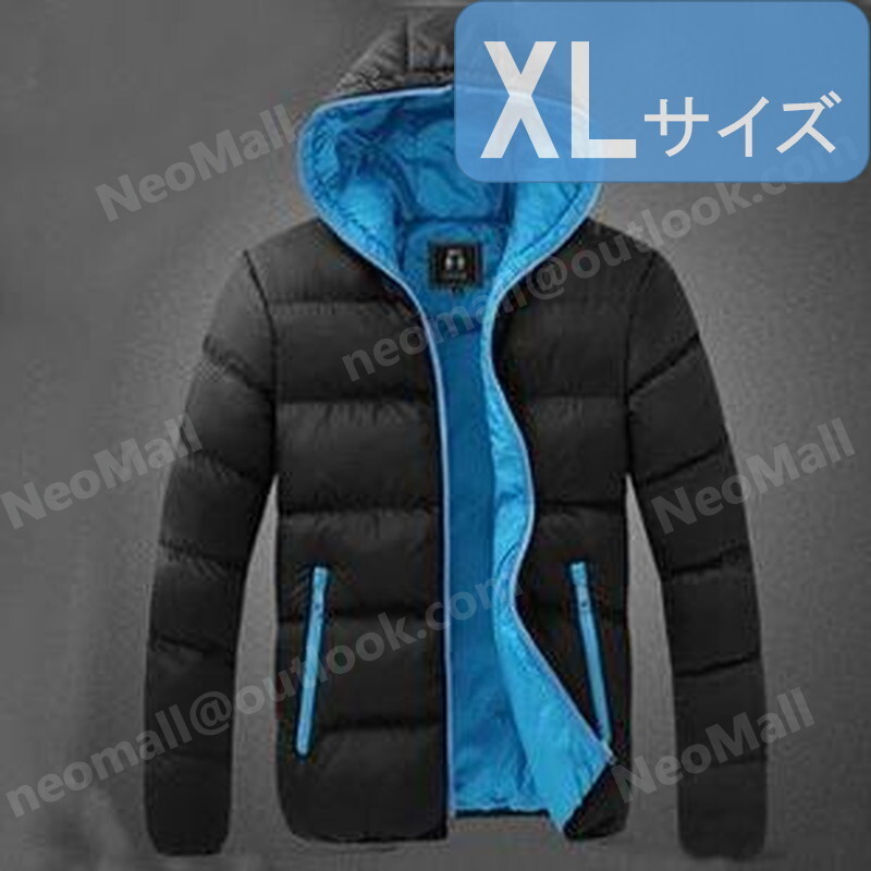 フード付き メンズ ダウン 004 ブラック×ブルー XLサイズ 中綿ダウン 中綿ベスト キルティング アウター 防寒 秋冬 暖かい拍卖