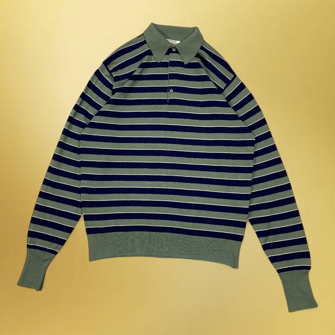 【1円】JOHN SMEDLEY ジョンスメドレー 長袖 ニットポロシャツ ボーダー グリーン ネイビー KT60-D6-KG拍卖