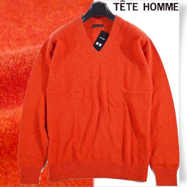 新品1円~★定価3.9万 TETE HOMME テットオム メンズ 長袖 繊維の宝石 カシミヤ100% Vネックニット LL オレンジ セーター 本物 ◆7024◆拍卖