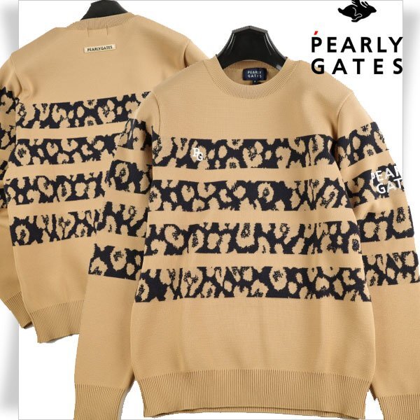 新品1円~★定価3.7万 PEARLY GATES パーリーゲイツ メンズ ゴルフ 日本製 長袖 クルーネックニット レオパード柄 4 M 本物 ◆7622◆拍卖