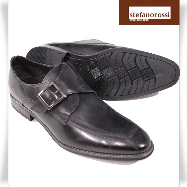 未使用1円~★STEFANO ROSSI ステファノロッシ メンズ 牛革レザー ビジネスシューズ 42 26.5-27.0cm 黒 ブラック モンクストラップ◆7678◆拍卖