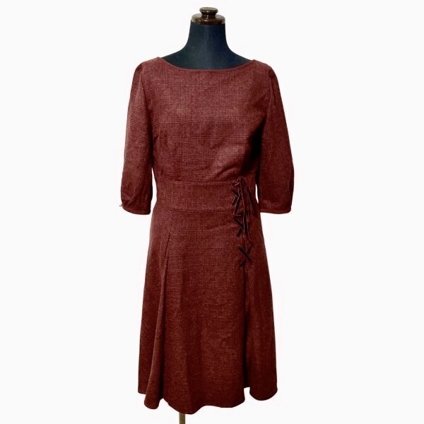 送料込み■アプワイザーリッシェ/Apuweiser-riche■チェック柄 五分袖丈 レースアップデザイン ワンピース サイズ2拍卖