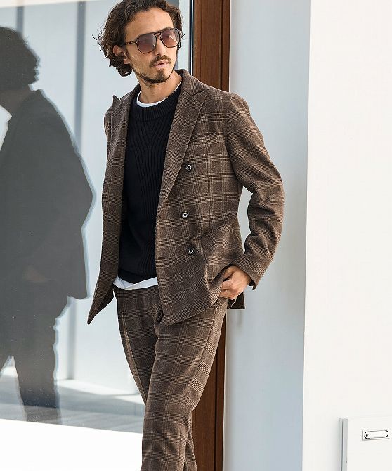 1PIU1UGUALE3 RELAX ウノピゥウノウグァーレトレ セットアップ メンズ ダブル スーツ 上下セット チェック ジャケット ブランド 茶 LL XL拍卖