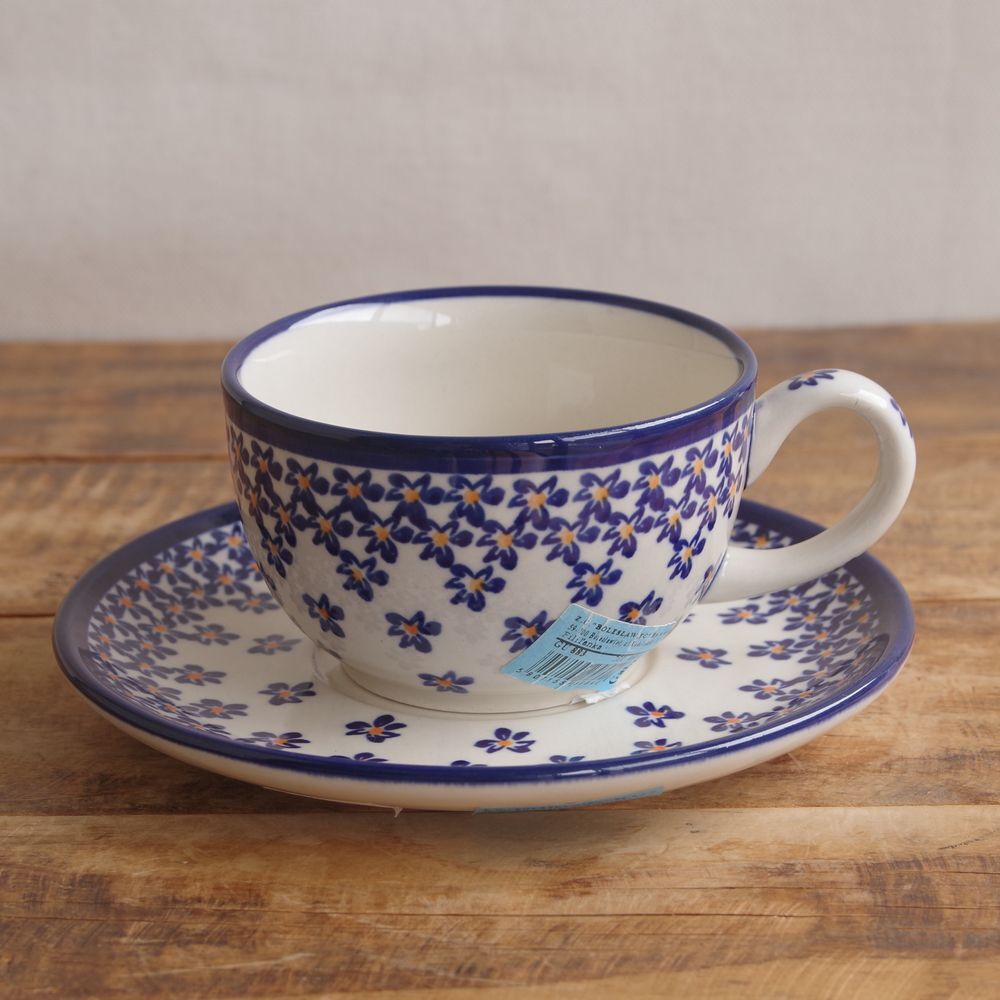 【訳あり・未使用品】ポーリッシュポタリー ポーランド食器 コーヒーカップ ソーサー&ネイビー 花柄 ボレスワヴィエツ Boleslawiec 陶器拍卖
