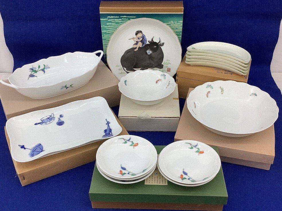 深川製磁 陶器まとめ/蝶鉢/つゆ草取皿/手付バスケット/丑飾皿/箱入 保管による汚れ有 皿立て付/ACB 未使用品拍卖
