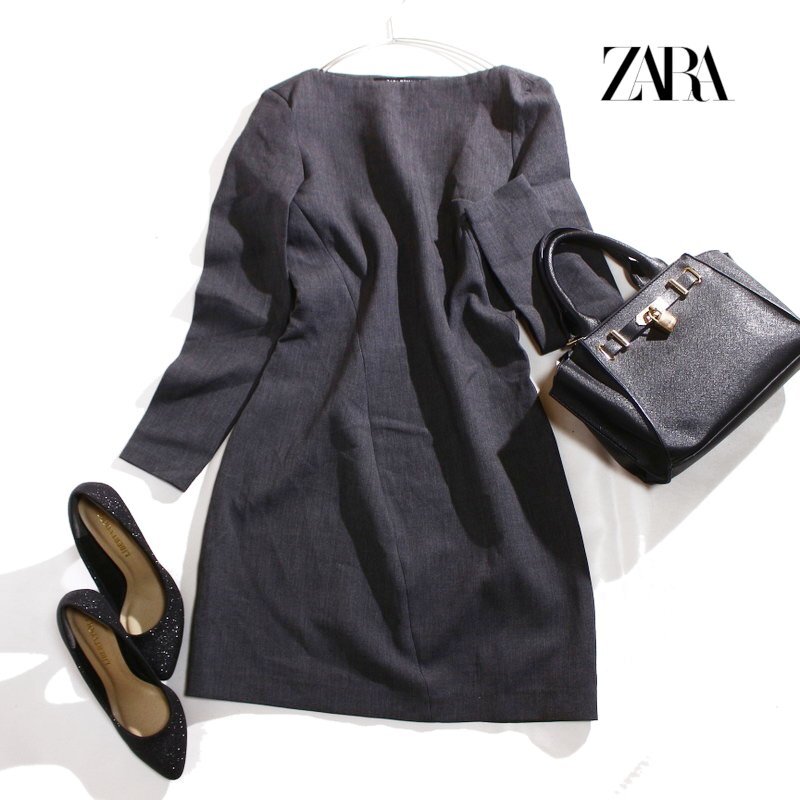 美品 ZARA woman ザラ ウーマン 秋 冬 合物 ストレッチ スーツ シンプル プルオーバー ワンピース XS グレー 長袖 綺麗め オフィス 通勤拍卖