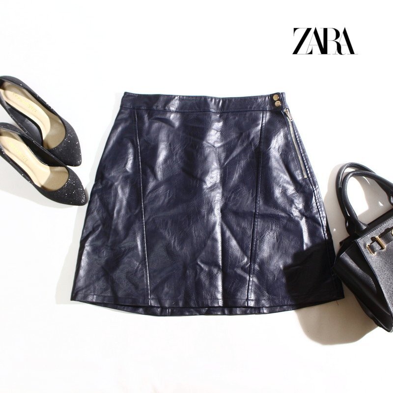 美品 ZARA BASIC ザラ ベーシック 秋 冬 台形 エコレザー レザースカート S ネイビー 紺 艶拍卖