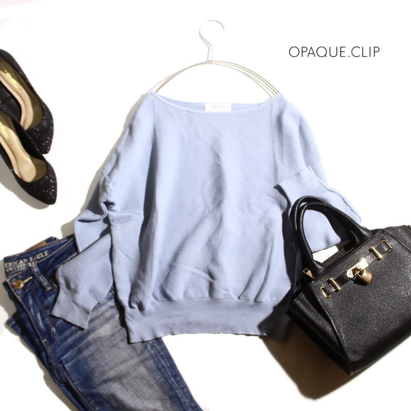 美品 オペ―ク ドットクリップ OPAQUE.CLIP 株)ワールド 春 ニット ストレッチ 凸凹ボーダー ゆったり サマーニットカットソー 水色 M 無地拍卖