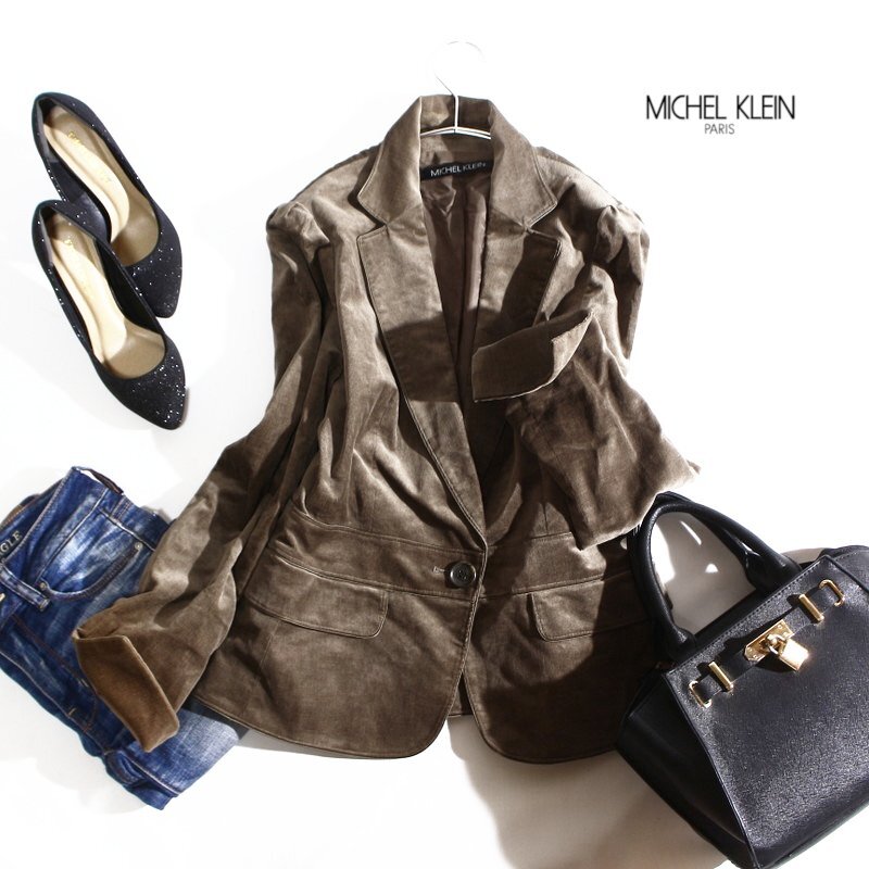 美品 ミッシェルクラン MICHEL KLEIN イトキン(株) 秋 冬 定番 ほんのり艶 クラッシック 長袖 コーデュロイジャケット ベージュ ブラウン拍卖