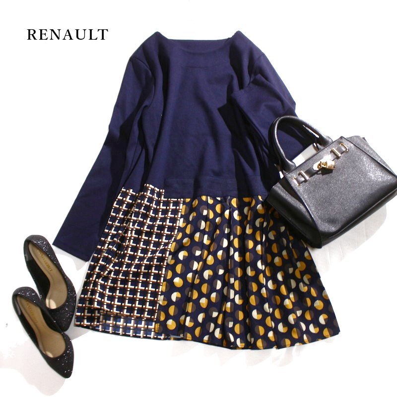 美品 RENAULT 合物 秋 無地 × 柄 ジャージ― プルオーバー 切替 長袖ワンピース 11号 L ネイビー 紺 レトロ 可愛い 韓国製 ドット 柄拍卖