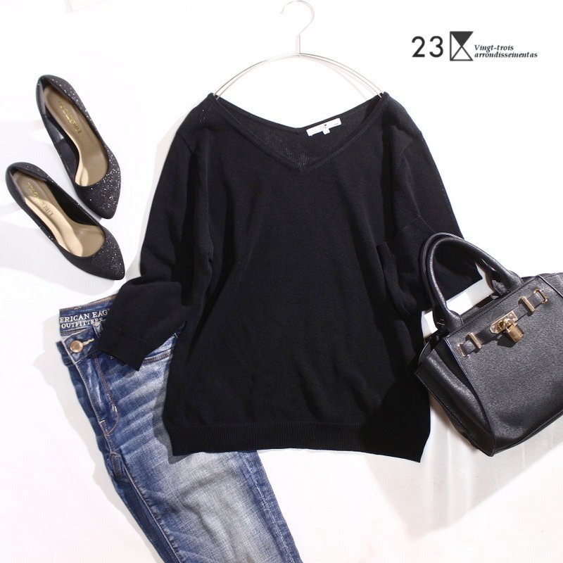 23区 株) オンワード樫山 大きいサイズ44 8分袖 シンプル コットン アクリル Vネック ニットカットソー 15号 ブラック 黒 ミセス 無地 秋拍卖