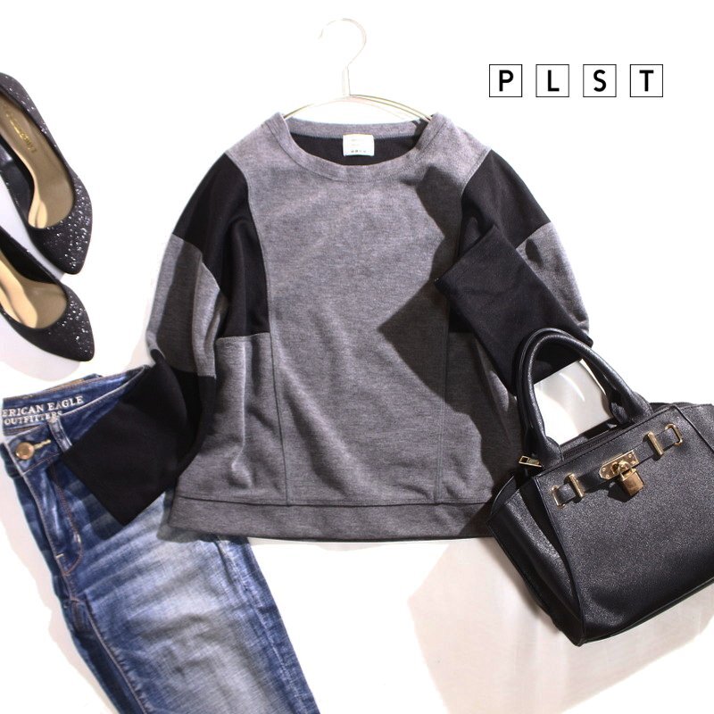 美品 セオリー Theory プラステ PLST 合物 バイカラー 切替 丸首 トレーナー 2 グレー ブラック 黒 カジュアル 綺麗め ミセス拍卖