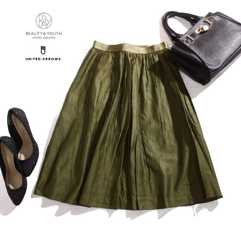 美品 ビューティ&ユース BEAUTY & YOUTH ユナイテッドアローズ UNITED ARROWS 合物 ギャザースカート カーキグリーン 緑 スカート フレア拍卖