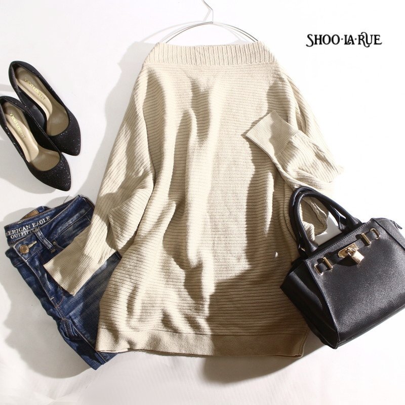 美品 シューラルー SHOO・LA・RUE 株) ワールド 秋 冬 春 凸凹 斜めストライプ 柄 ロング ドルマン ニットセーター F 白っぽい ベージュ拍卖