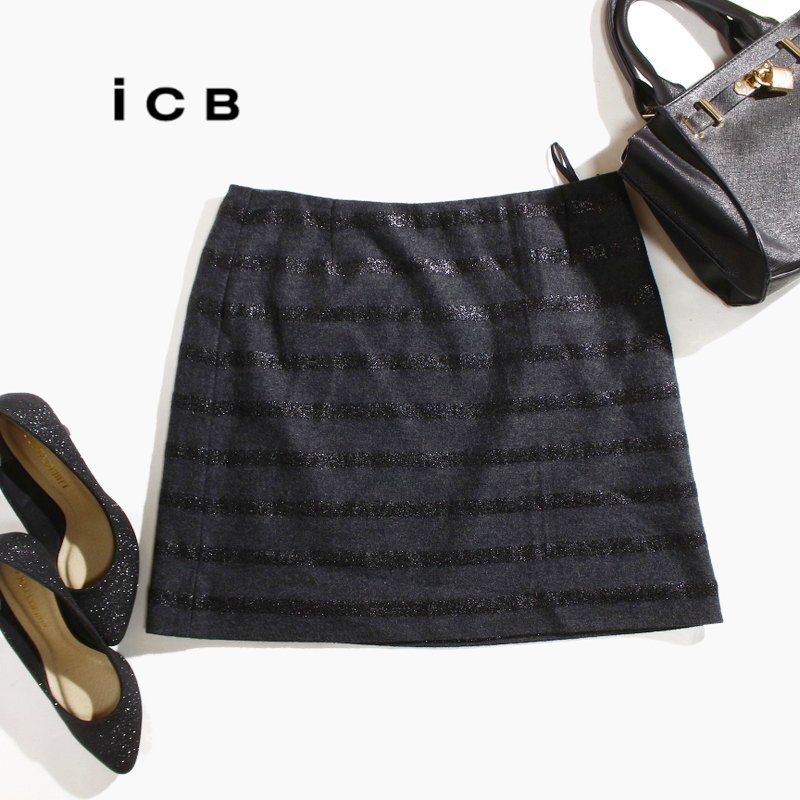 美品 ICB アイシービー 株) オンワード樫山 秋 冬 ラメ ボーダー柄 台形 毛89% ウールスカート ミニスカート 4 チャコール グレー 黒拍卖