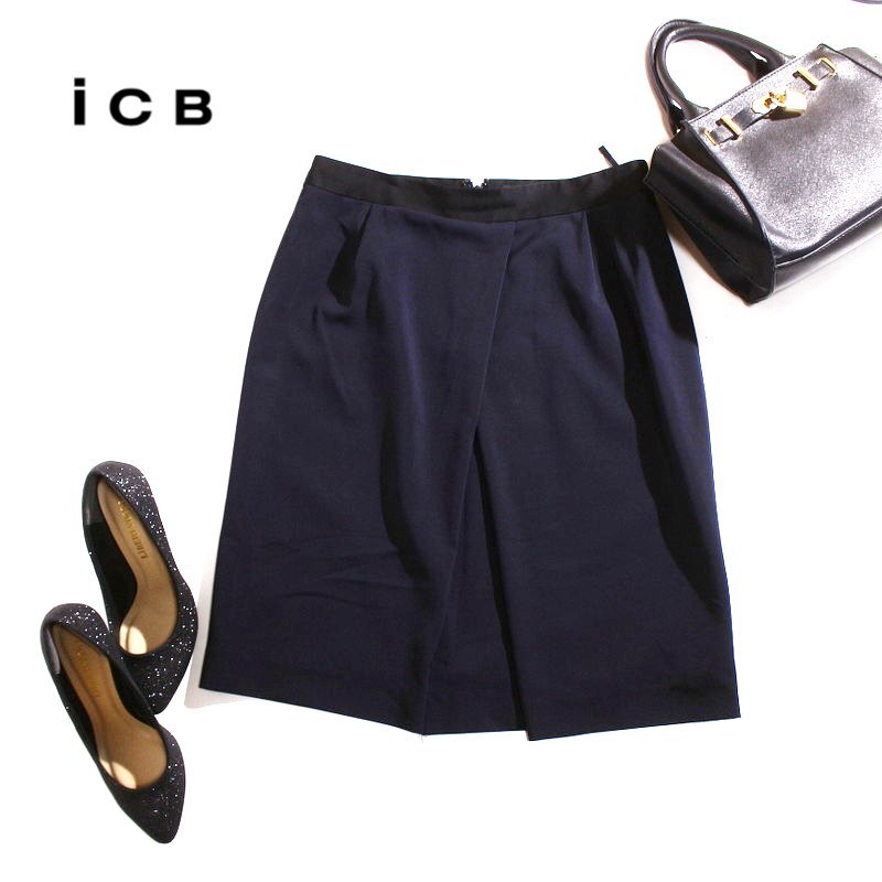 美品 ICB アイシービー 株) オンワード樫山 通年 さらり ストレッチ ポリエステル タイトスカート 6 ネイビー 紺 ジャージ― オフィス 通勤拍卖