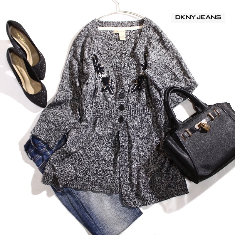 美品 DKNY JEANS ダナキャラン 秋 冬 刺繍 フラワー 柄 Vネック ミックスニットカーディガン M ホワイト 白 ブラック 黒 ニットジャケット拍卖