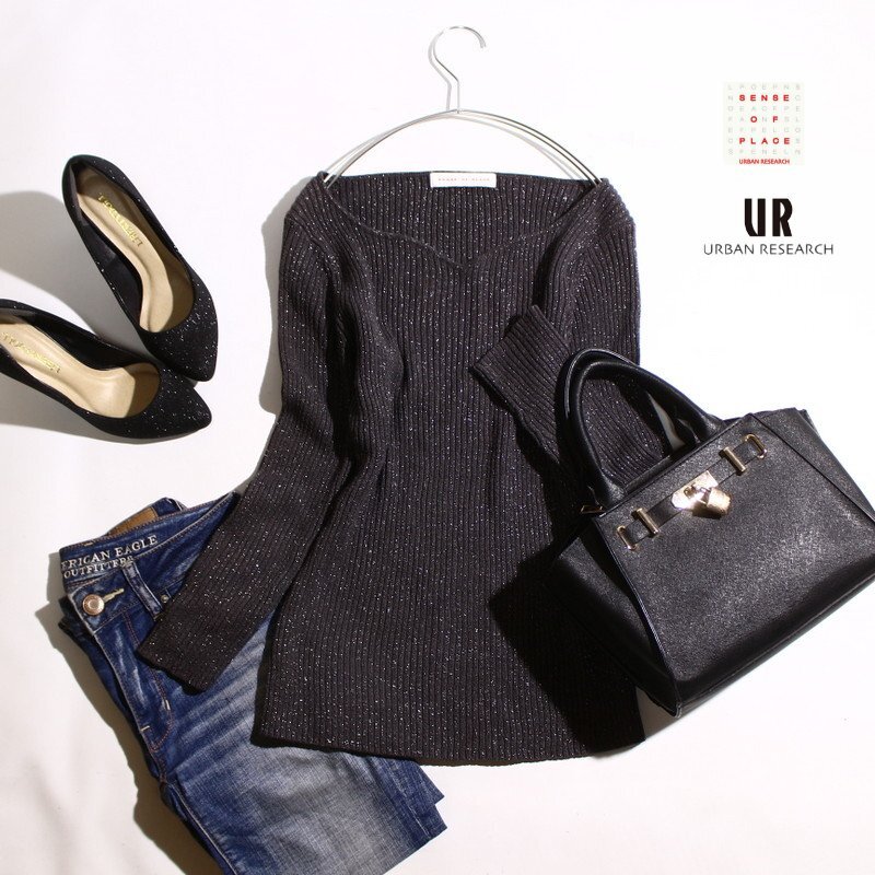 美品 SENSE OF PLACE センスオブプレイス URBAN RESEARCH アーバンリサーチ アクリル コットン ラメ リブニットセーター グレー タイト拍卖