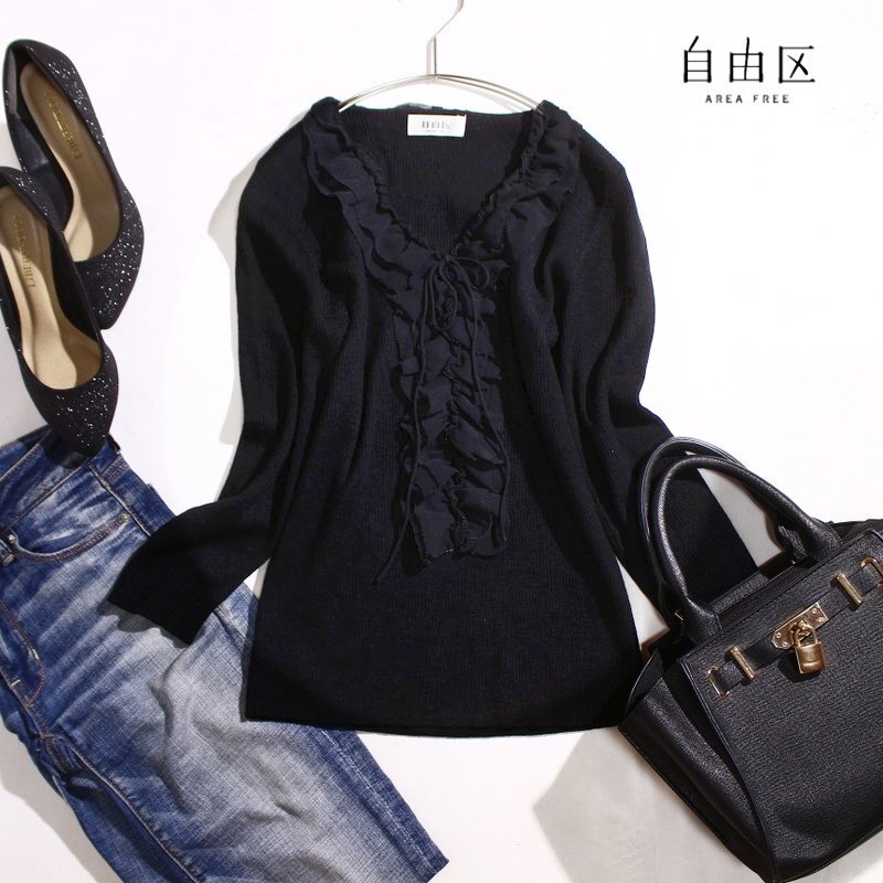 美品 自由区 株)オンワード樫山 秋 冬 毛70% ウール タイト シフォンフリル リブニットカットソー 9号 38 ブラック ミセス 綺麗め 毛 上品拍卖