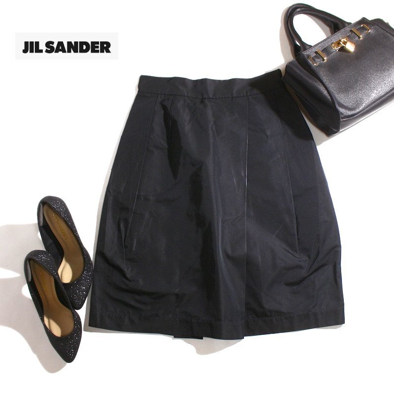美品 イタリア製 Jil Sander ジルサンダー 合物 ほんのり艶 ナイロン質感 Aライン タックスカート フレアスカート 34 ブラック 黒 シルク拍卖