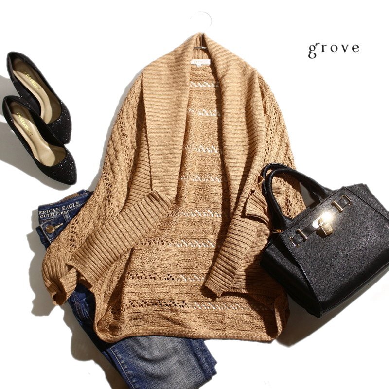 美品 グローブ grove 株) ワールド 合物 リブ ショールカラー レース編み ボレロニットカーディガン M ベージュ レースニット カーディガン拍卖
