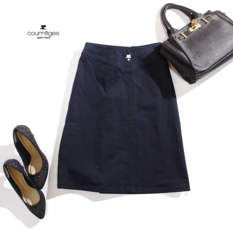 美品 クレージュ Courreges イトキン(株) 合物 ハリ ストレッチ コットン ロゴ Aライン スカート 9号 38 ネイビー 紺 定番 刺繍 コットン拍卖