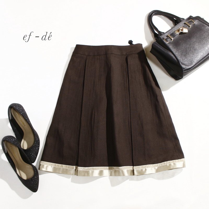 美品 エフデ ef-de 株) フランドル 秋 冬 サテン切替 毛43% ウール フレアスカート 7号 ダークブラウン 可愛い オフィス 通勤 綺麗め拍卖