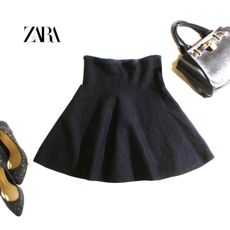 美品 ZARA knit ザラ ニット 秋 冬 ストレッチ フレアスカート M ブラック 黒 ニットスカート サーキュラー フレア スカート 無地拍卖