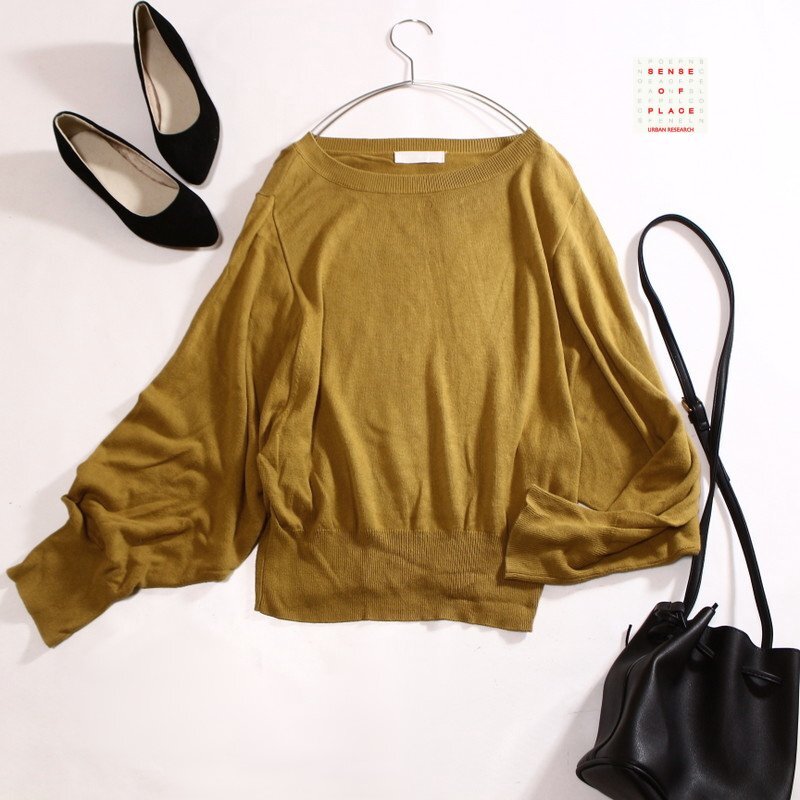 SENSE OF PLACE センスオブプレイス URBAN RESEARCH アーバンリサーチ 合物 コットン 丸首 ニットセーター F 渋イエロー 黄色 からし拍卖