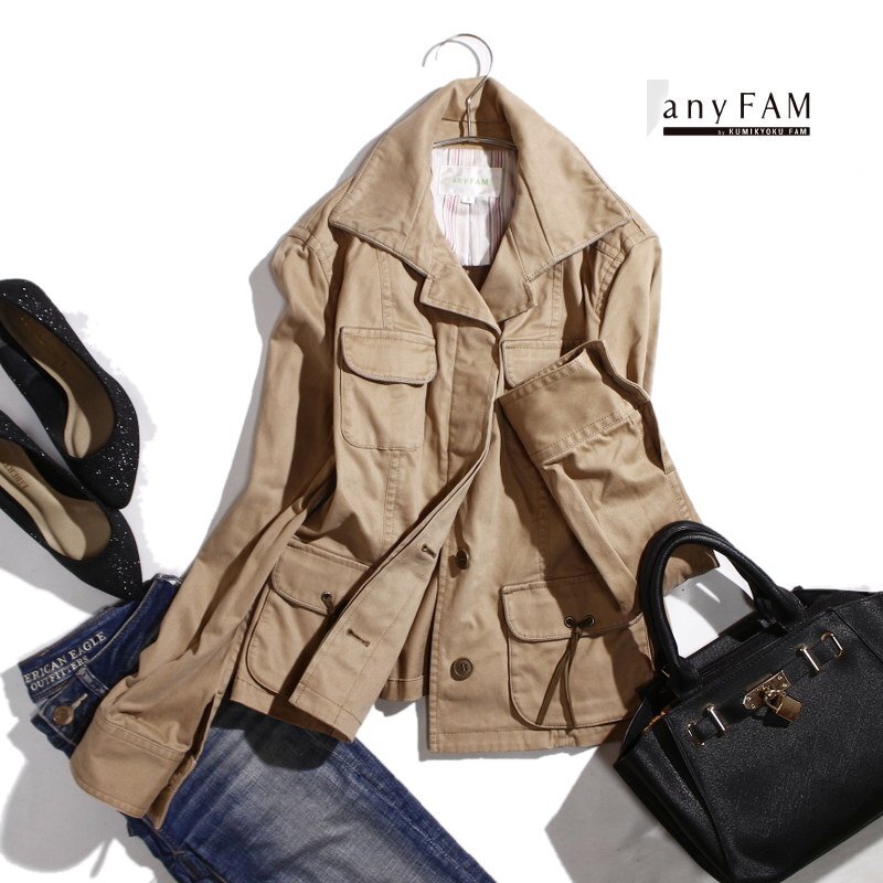 エニィファム any FAM 組曲 株)オンワード樫山 秋 春 綺麗め ジャケット アウター シンプル カジュアル 3 ベージュ コットン 合物 ミセス拍卖