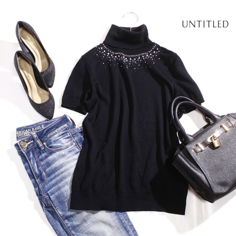 美品 イタリー素材 アンタイトル UNTITLED 株) ワールド 毛100% ビーズ タートルネックニット 半袖 4 ブラック 黒 ミセス オフィス 綺麗め拍卖