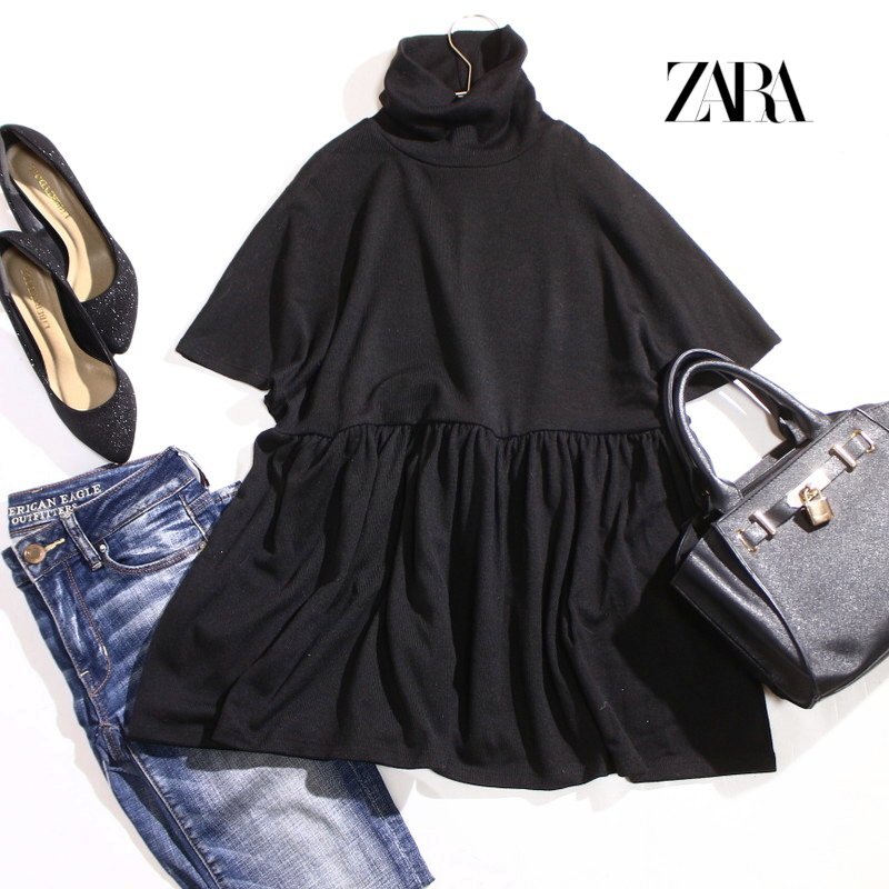 美品 ZARA ザラ 秋 冬 ゆったり タートルネック チュニック 半袖ニットカットソー M ブラック 黒 プルオーバー フレアシルエット拍卖