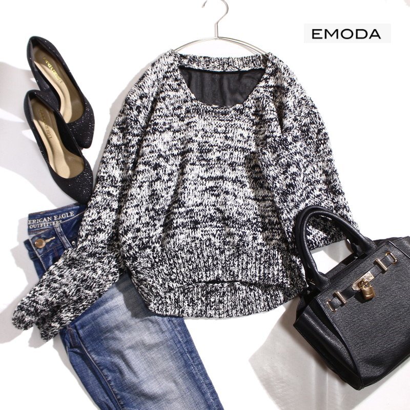 美品 EMODA エモダ バックシースルー デザイン 異素材ミックス ざっくりニット セーター モノトーン 透かし編み セクシー 綿 麻 ニット拍卖