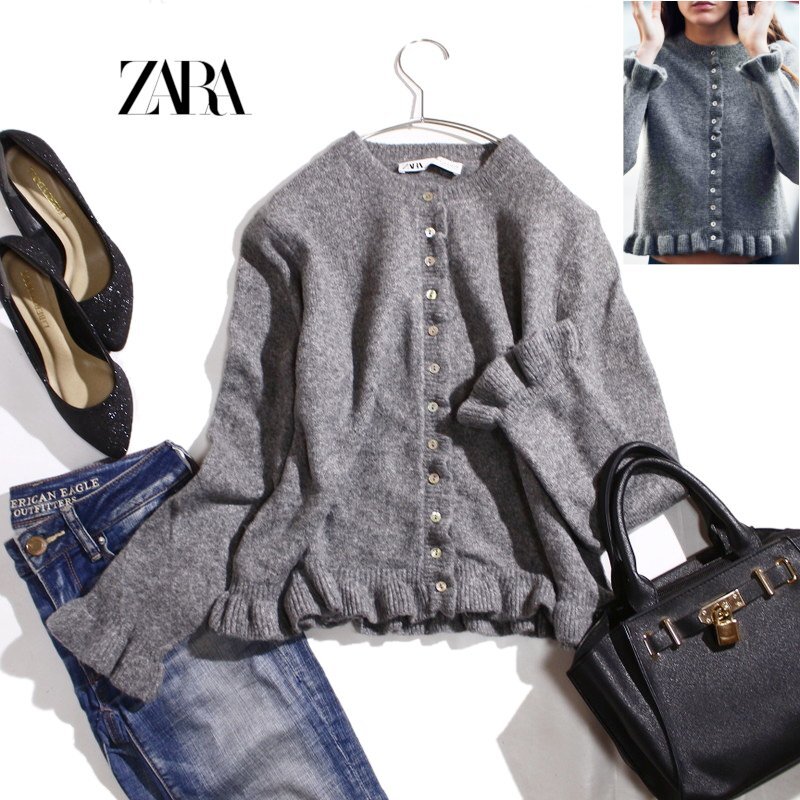 美品 完売 ZARA ザラ 秋 冬 可愛い フリルニットカーディガン シェルボタン M グレー ふわふわニット フリル袖 羽織り カーディガン ニット拍卖