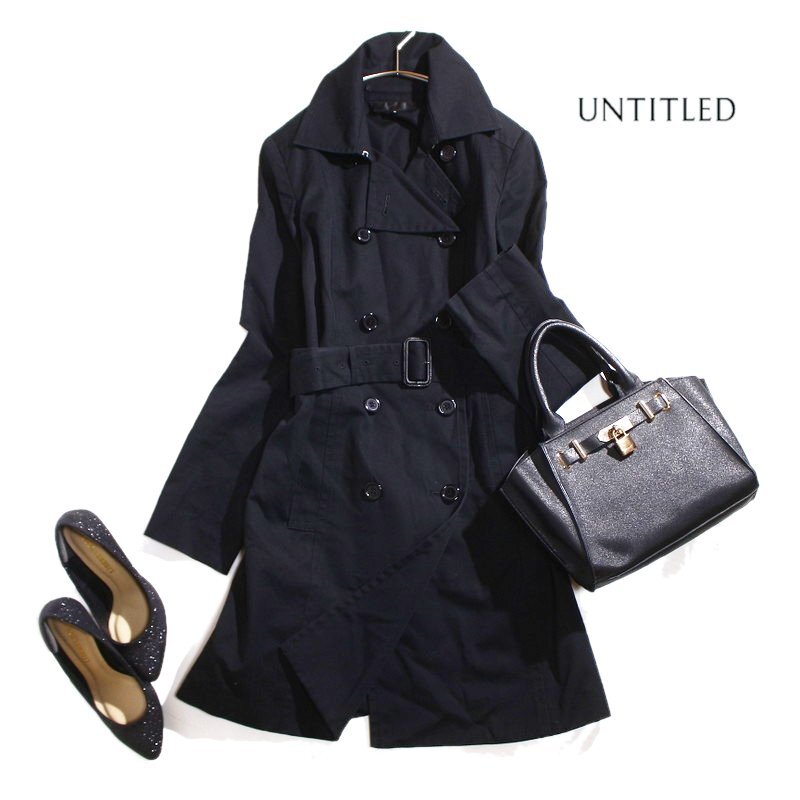 美品 UNTITLED アンタイトル 株) ワールド クラッシック 長袖 トレンチコート 黒 ブラック ベルト付き 9号 2 ブラック 黒 定番 オフィス拍卖
